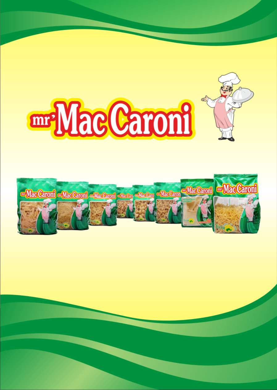 Макаронные изделия, продукции ТМ «Mr.Maccaroni», 7 видов макарон: спираль, виток, ракушка, ушки, перья, рожка и паутинка.